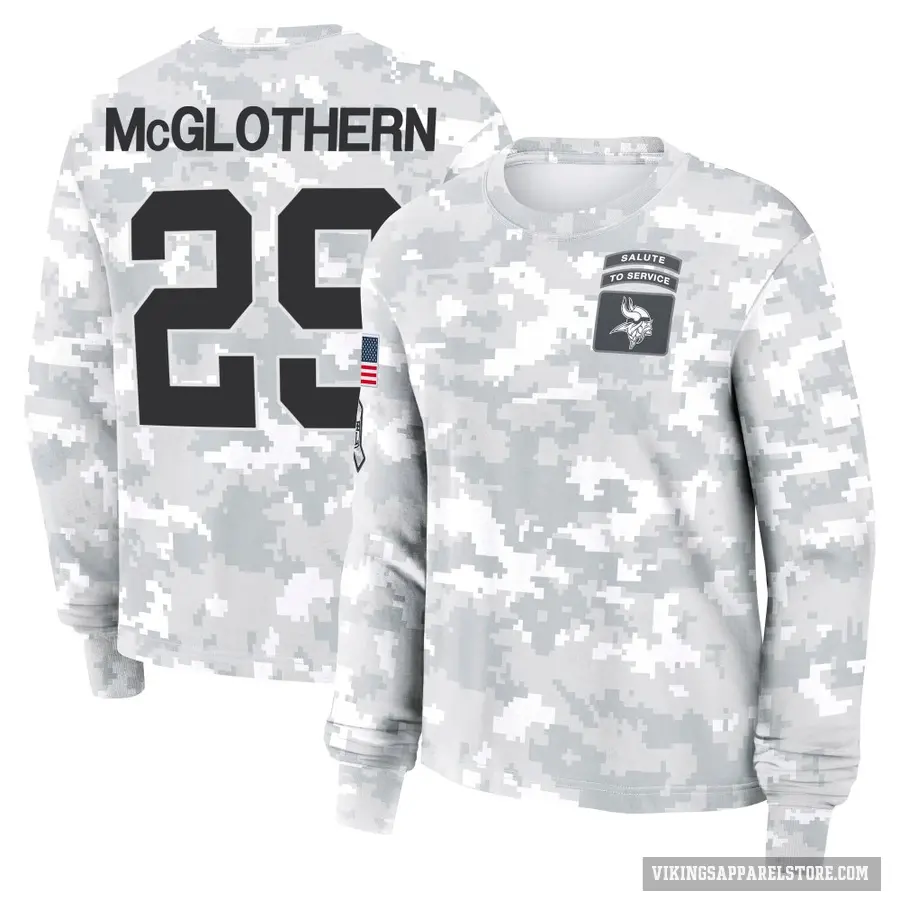 Women's ＃29 Dwight McGlothern Minnesota Vikings Camo Arctic 2024 Salute to Service Long Sleeve T-Shirt