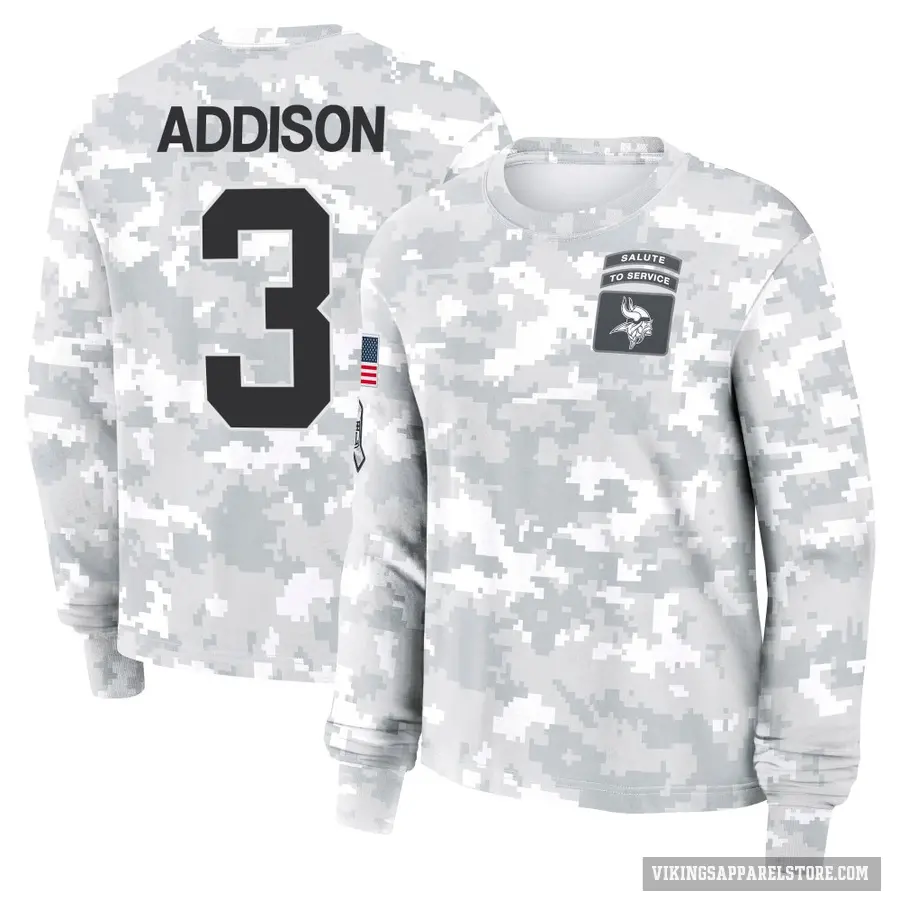 Women's ＃3 Jordan Addison Minnesota Vikings Camo Arctic 2024 Salute to Service Long Sleeve T-Shirt