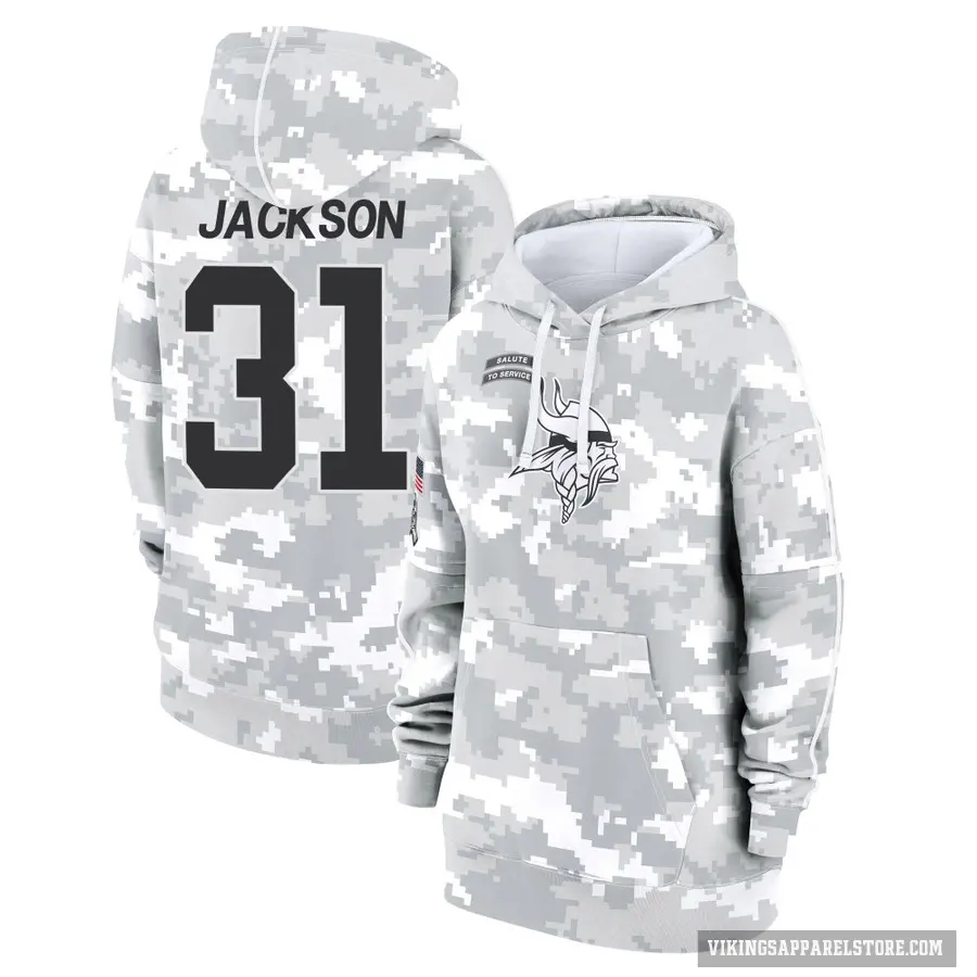 Women's ＃31 Khyree Jackson Minnesota Vikings Arctic Camo 2024 Salute to Service Club Fleece Pullover Hoodie