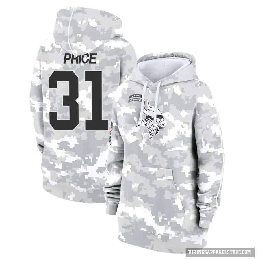 Women's ＃31 Myles Price Minnesota Vikings Arctic Camo 2024 Salute to Service Club Fleece Pullover Hoodie