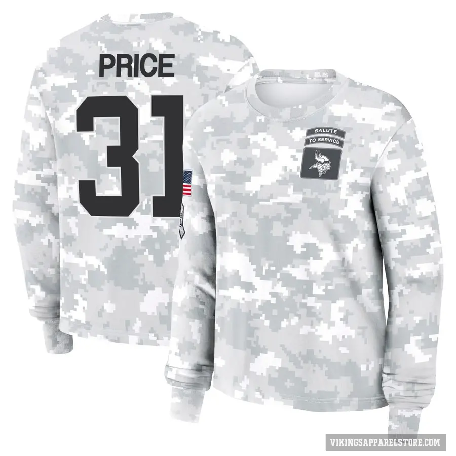 Women's ＃31 Myles Price Minnesota Vikings Camo Arctic 2024 Salute to Service Long Sleeve T-Shirt