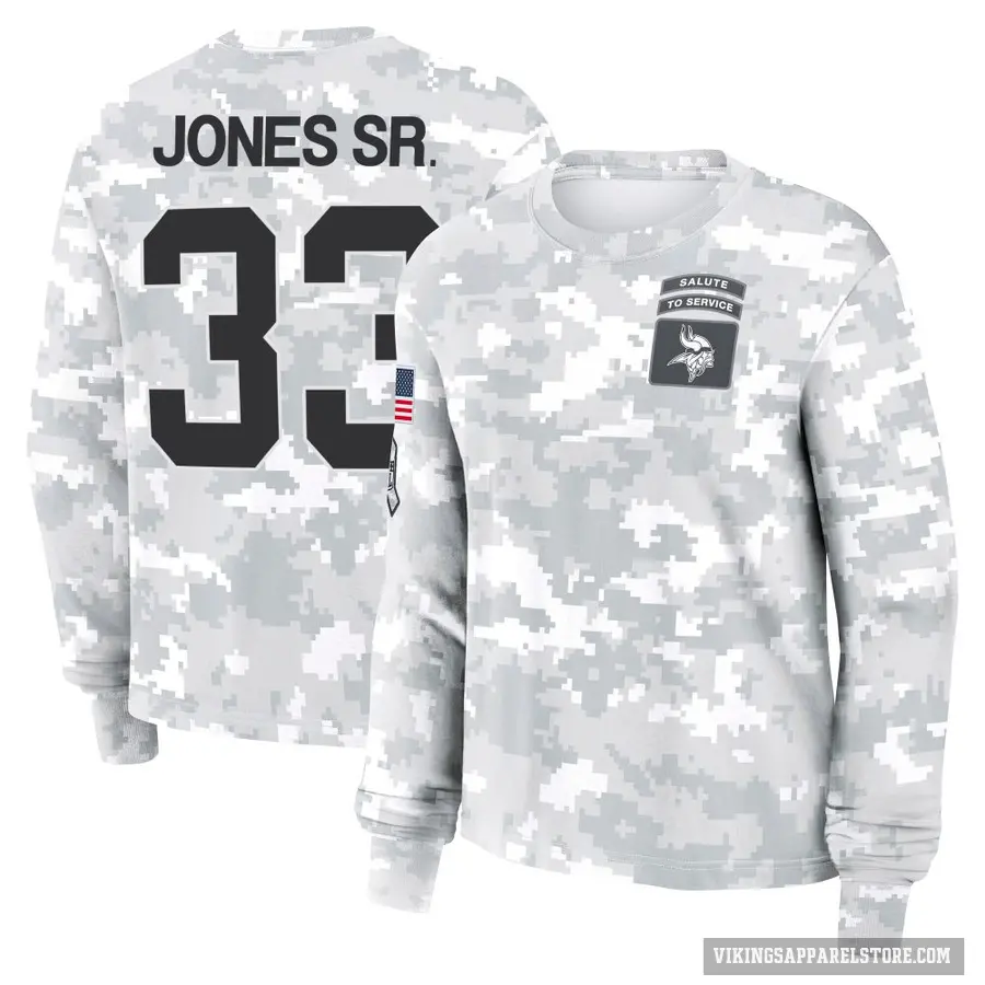 Women's ＃33 Aaron Jones Sr. Minnesota Vikings Camo Arctic 2024 Salute to Service Long Sleeve T-Shirt