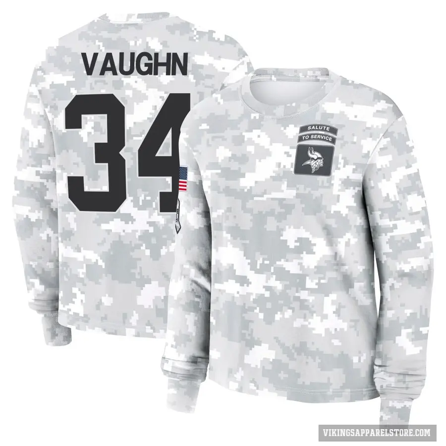 Women's ＃34 Zemaiah Vaughn Minnesota Vikings Camo Arctic 2024 Salute to Service Long Sleeve T-Shirt