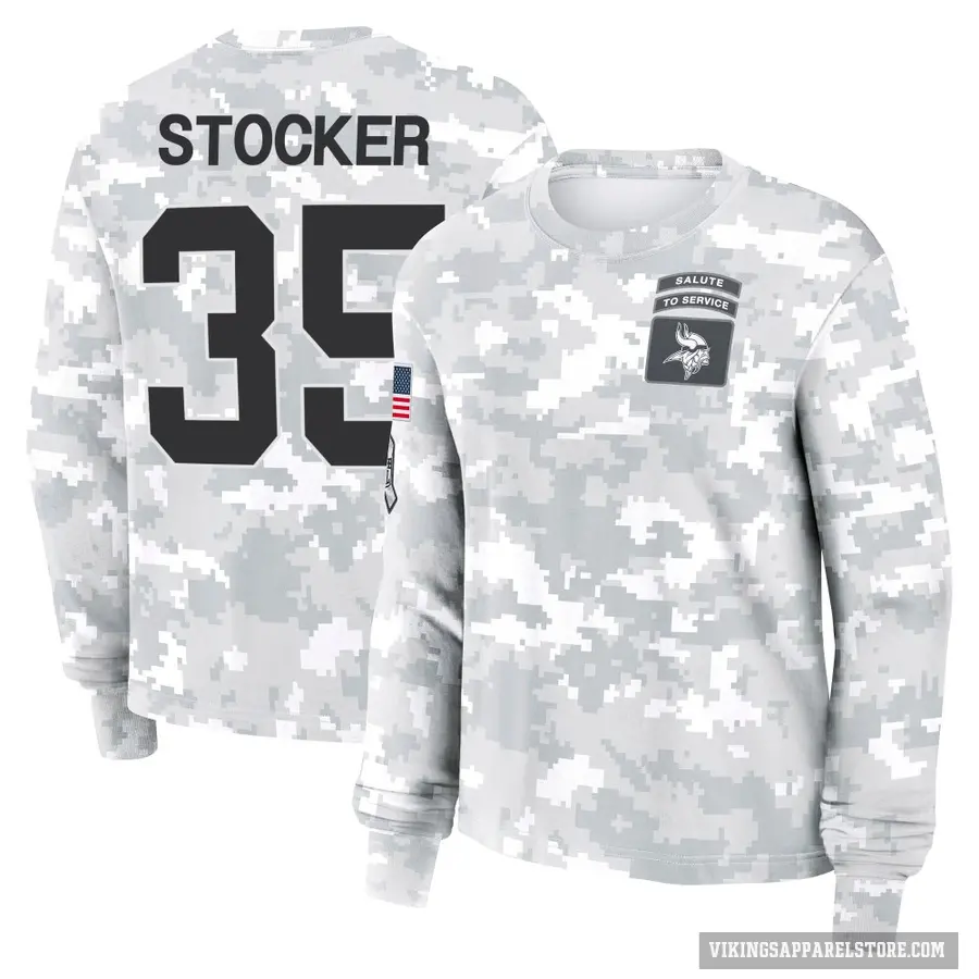 Women's ＃35 Luke Stocker Minnesota Vikings Camo Arctic 2024 Salute to Service Long Sleeve T-Shirt