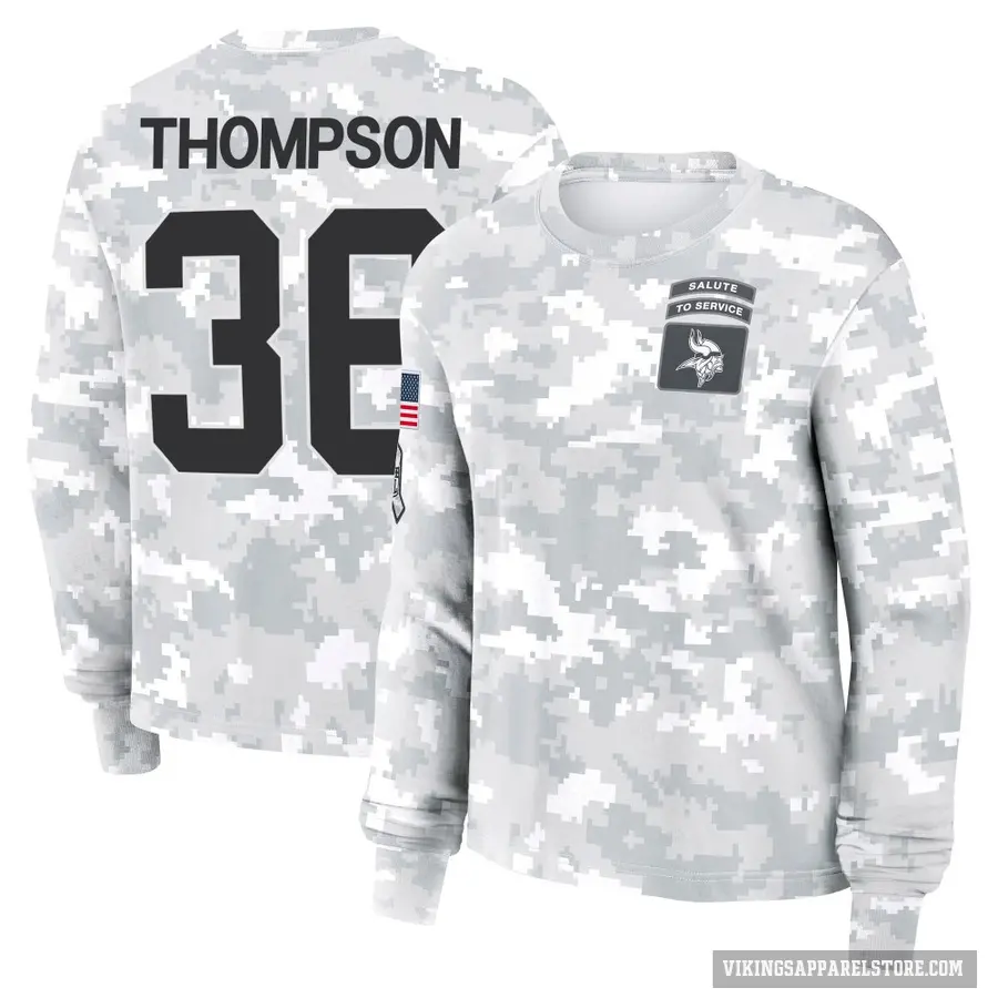 Women's ＃36 NaJee Thompson Minnesota Vikings Camo Arctic 2024 Salute to Service Long Sleeve T-Shirt