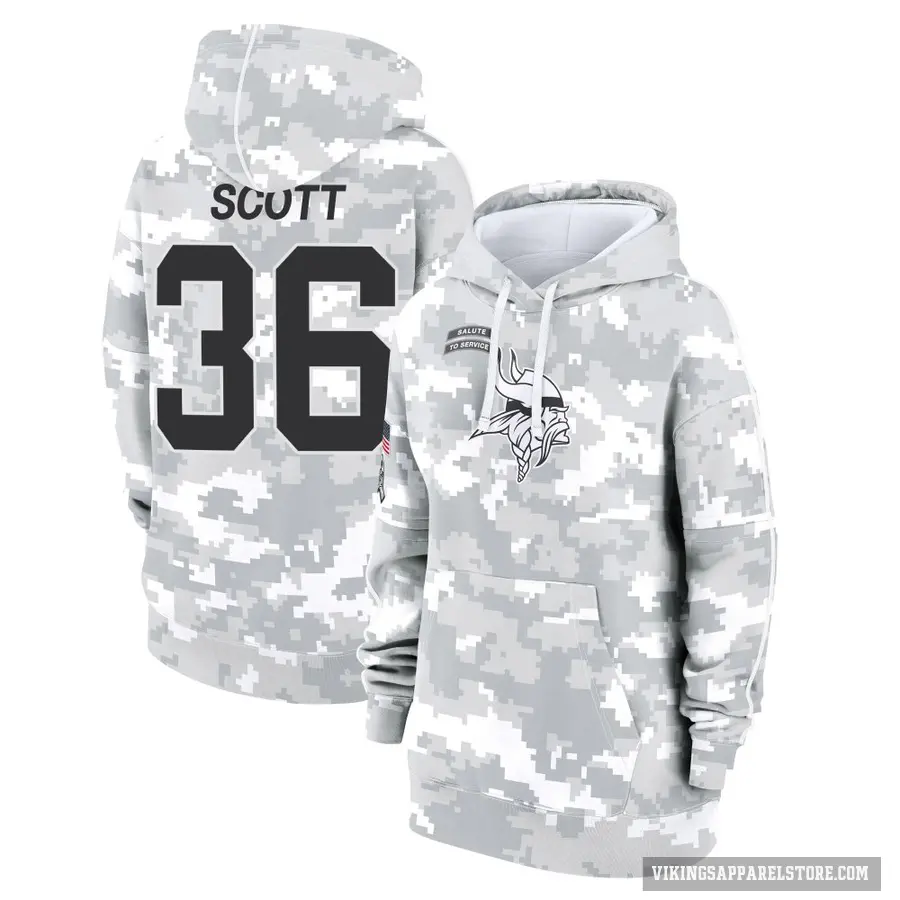 Women's ＃36 Zavier Scott Minnesota Vikings Arctic Camo 2024 Salute to Service Club Fleece Pullover Hoodie