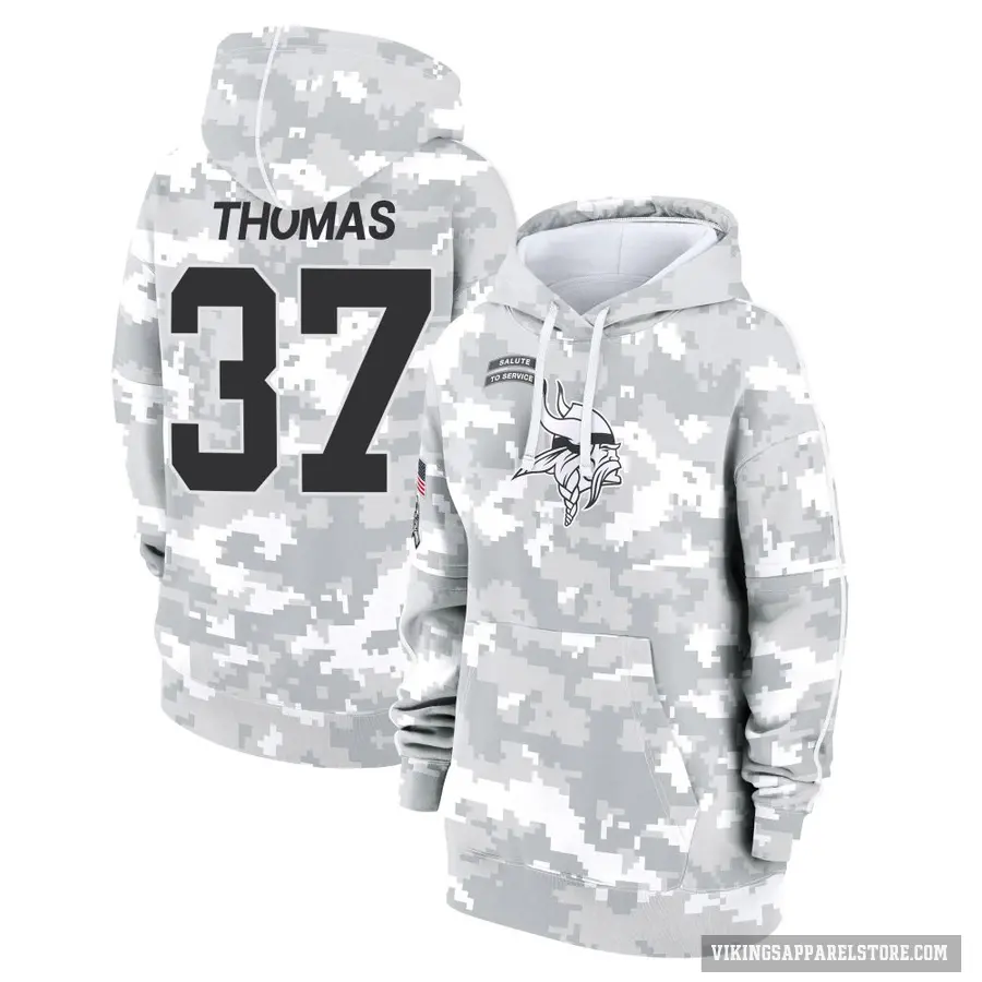 Women's ＃37 Tavierre Thomas Minnesota Vikings Arctic Camo 2024 Salute to Service Club Fleece Pullover Hoodie