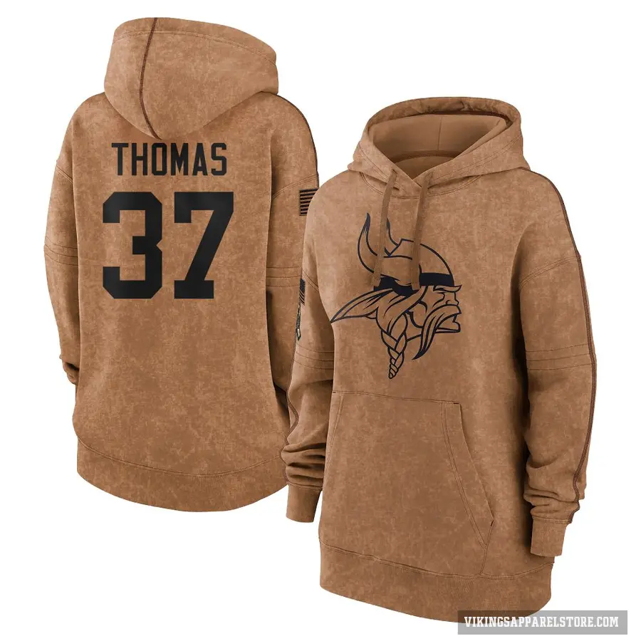 Women's ＃37 Tavierre Thomas Minnesota Vikings Brown 2023 Salute To Service Pullover Hoodie