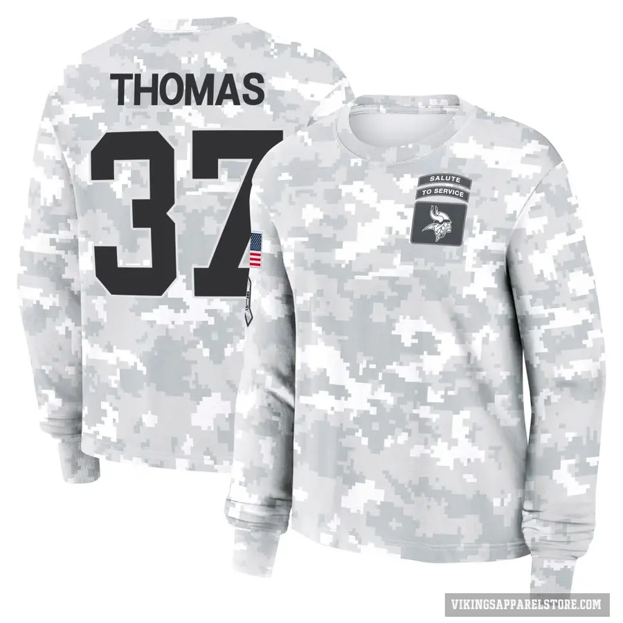 Women's ＃37 Tavierre Thomas Minnesota Vikings Camo Arctic 2024 Salute to Service Long Sleeve T-Shirt
