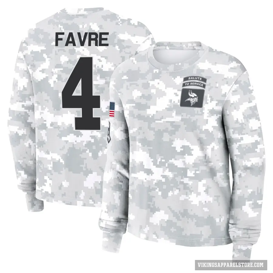 Women's ＃4 Brett Favre Minnesota Vikings Camo Arctic 2024 Salute to Service Long Sleeve T-Shirt
