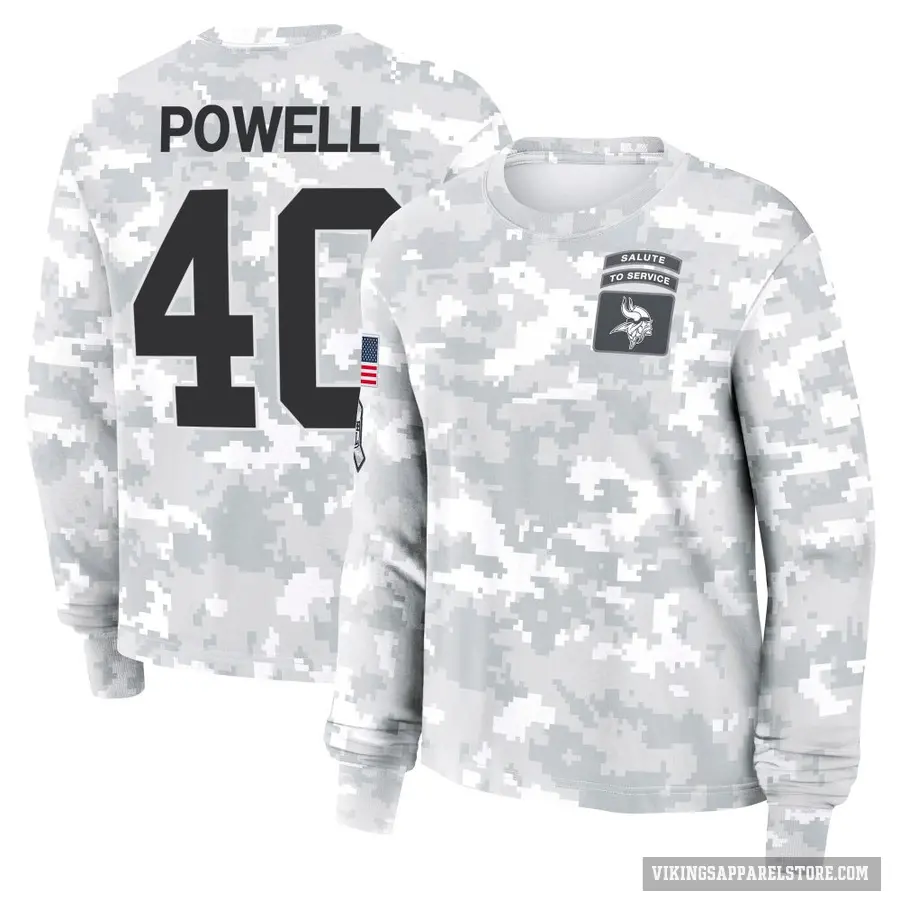 Women's ＃40 Mishael Powell Minnesota Vikings Camo Arctic 2024 Salute to Service Long Sleeve T-Shirt