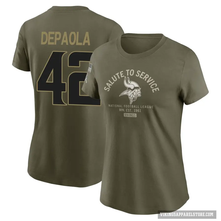 Women's ＃42 Andrew DePaola Minnesota Vikings Olive 2025 Salute to Service Sideline T-Shirt