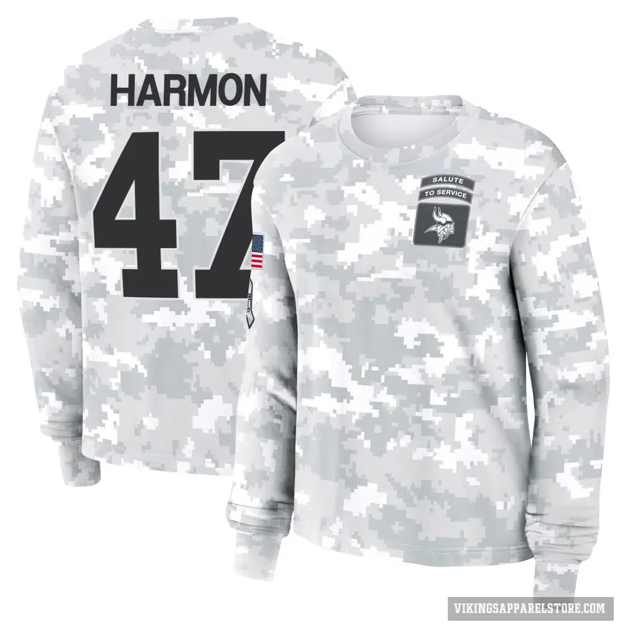 Women's ＃47 Matt Harmon Minnesota Vikings Camo Arctic 2024 Salute to Service Long Sleeve T-Shirt