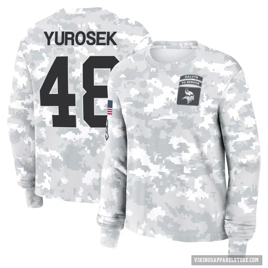Women's ＃48 Ben Yurosek Minnesota Vikings Camo Arctic 2024 Salute to Service Long Sleeve T-Shirt