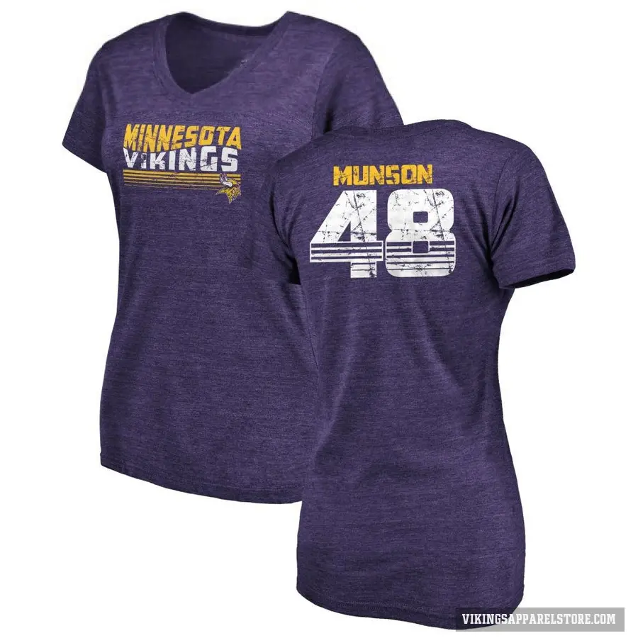Women's ＃48 Calvin Munson Minnesota Vikings Purple Retro V-Neck T-Shirt