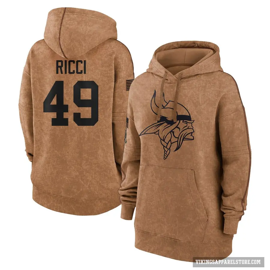 Women's ＃49 Giovanni Ricci Minnesota Vikings Brown 2023 Salute To Service Pullover Hoodie
