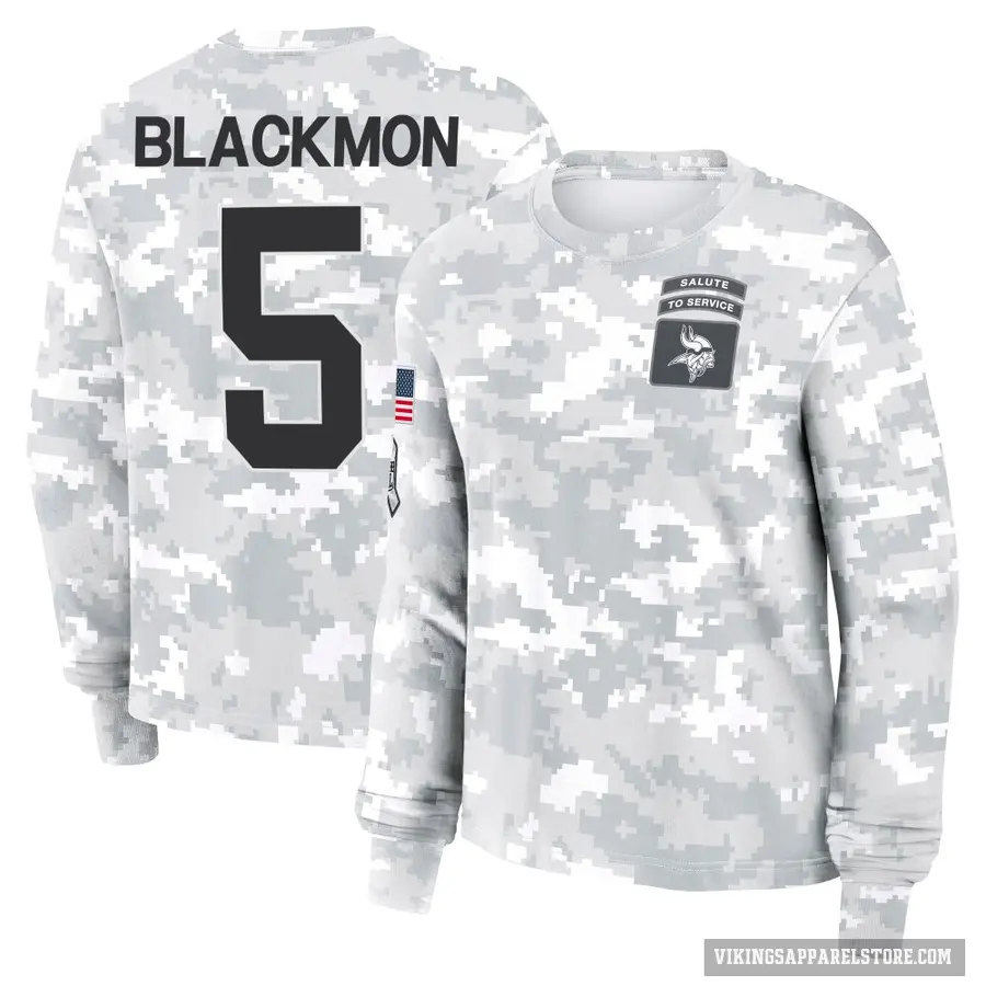 Women's ＃5 Mekhi Blackmon Minnesota Vikings Black Arctic Camo 2024 Salute to Service Long Sleeve T-Shirt