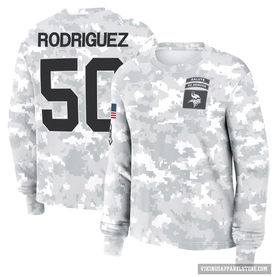 Women's ＃50 Levi Drake Rodriguez Minnesota Vikings Camo Arctic 2024 Salute to Service Long Sleeve T-Shirt