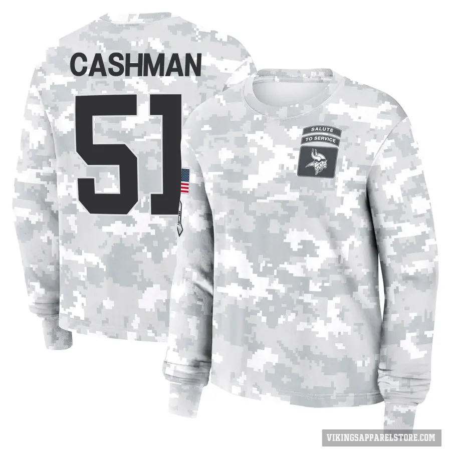 Women's ＃51 Blake Cashman Minnesota Vikings Camo Arctic 2024 Salute to Service Long Sleeve T-Shirt