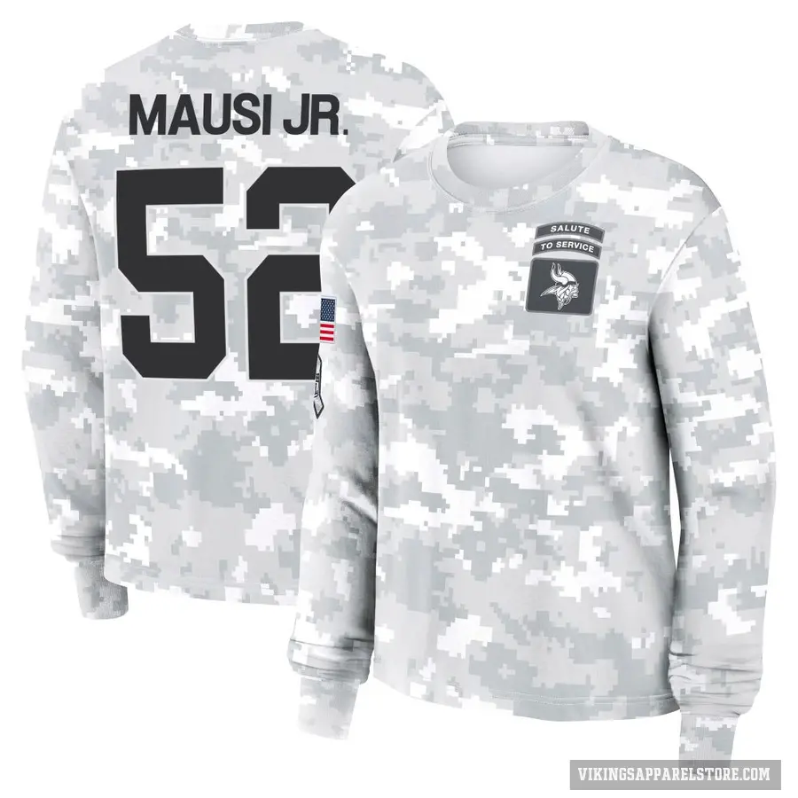 Women's ＃52 Dorian Mausi Jr. Minnesota Vikings Camo Arctic 2024 Salute to Service Long Sleeve T-Shirt