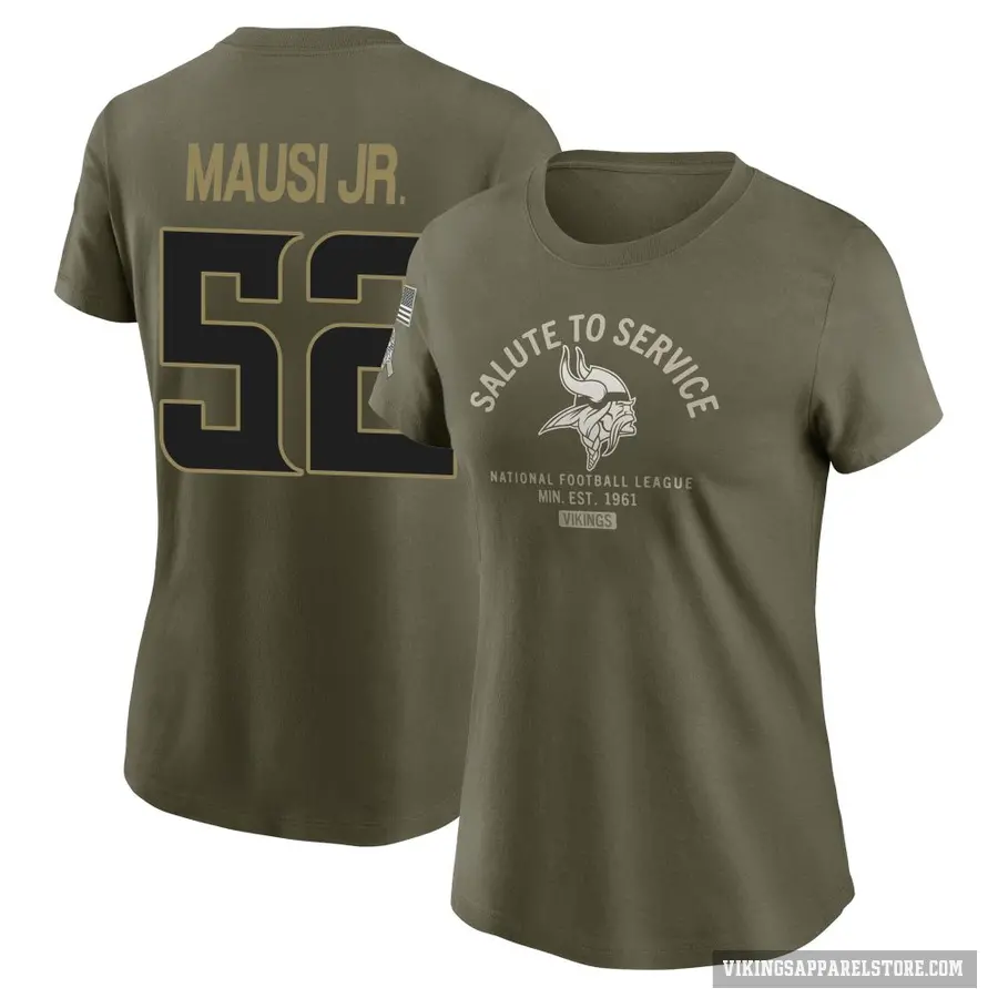 Women's ＃52 Dorian Mausi Jr. Minnesota Vikings Olive 2025 Salute to Service Sideline T-Shirt