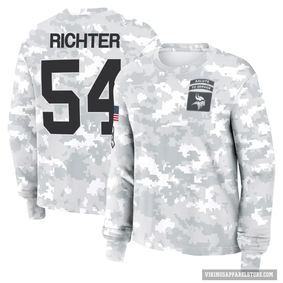 Women's ＃54 Bo Richter Minnesota Vikings Camo Arctic 2024 Salute to Service Long Sleeve T-Shirt