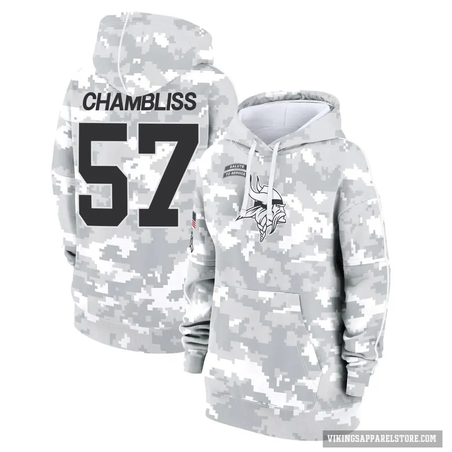 Women's ＃57 Chaz Chambliss Minnesota Vikings Arctic Camo 2024 Salute to Service Club Fleece Pullover Hoodie