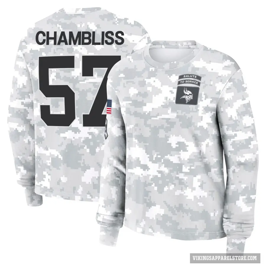 Women's ＃57 Chaz Chambliss Minnesota Vikings Camo Arctic 2024 Salute to Service Long Sleeve T-Shirt