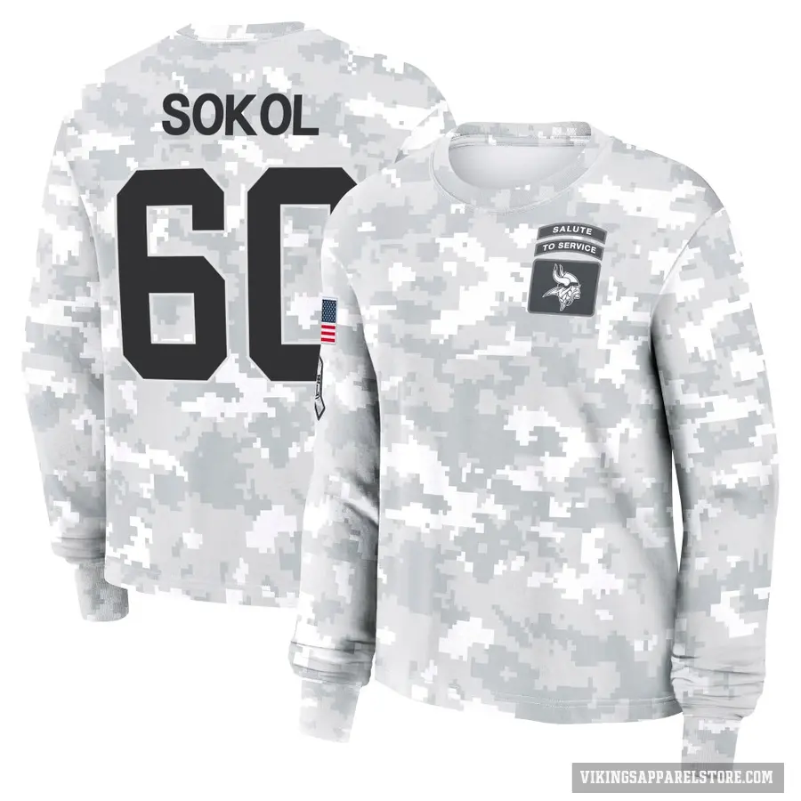 Women's ＃60 Josh Sokol Minnesota Vikings Camo Arctic 2024 Salute to Service Long Sleeve T-Shirt