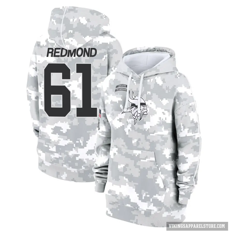 Women's ＃61 Jalen Redmond Minnesota Vikings Arctic Camo 2024 Salute to Service Club Fleece Pullover Hoodie