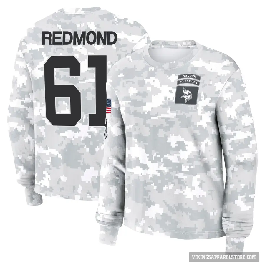 Women's ＃61 Jalen Redmond Minnesota Vikings Red Arctic Camo 2024 Salute to Service Long Sleeve T-Shirt