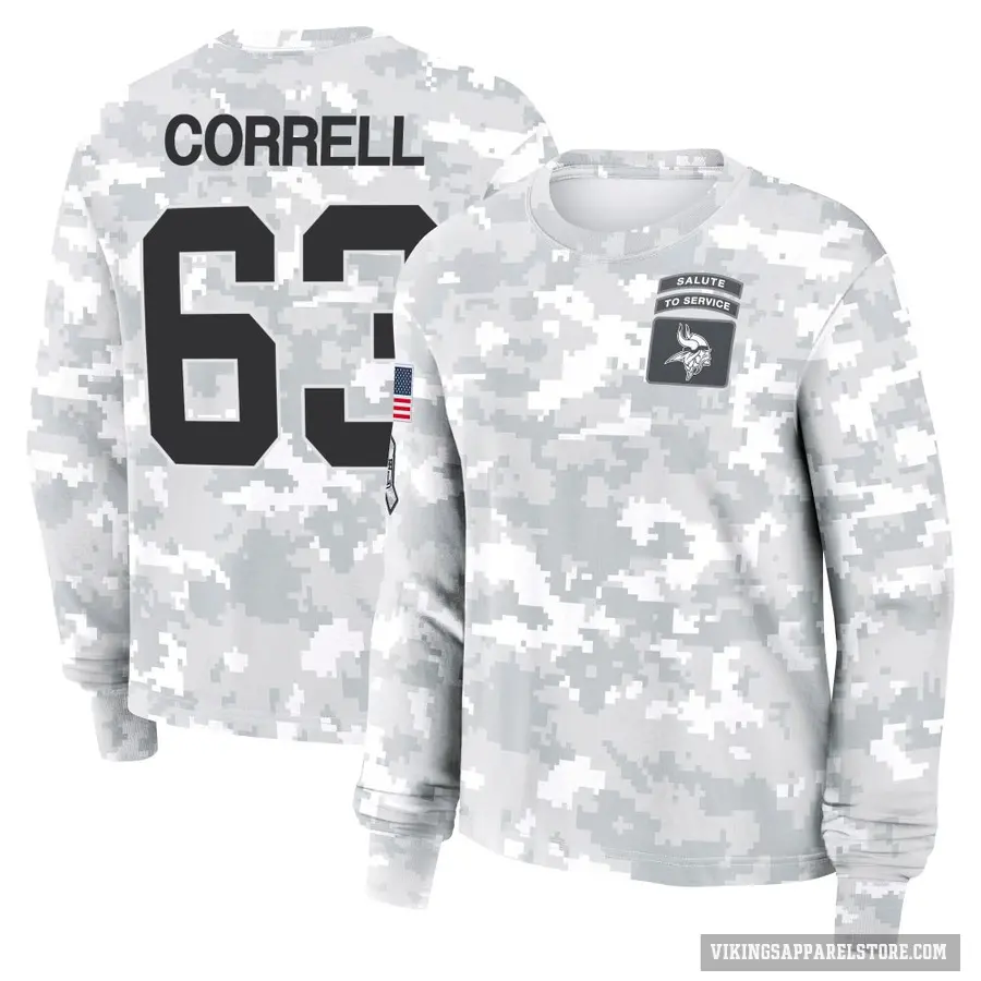 Women's ＃63 Zeke Correll Minnesota Vikings Camo Arctic 2024 Salute to Service Long Sleeve T-Shirt