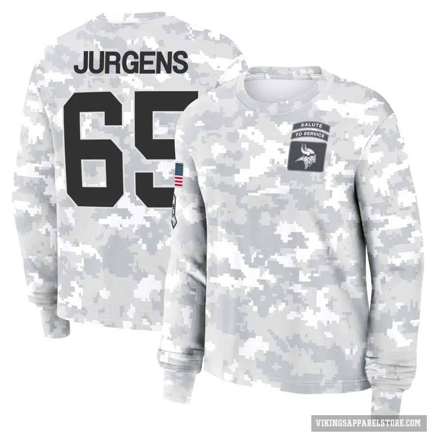 Women's ＃65 Michael Jurgens Minnesota Vikings Camo Arctic 2024 Salute to Service Long Sleeve T-Shirt
