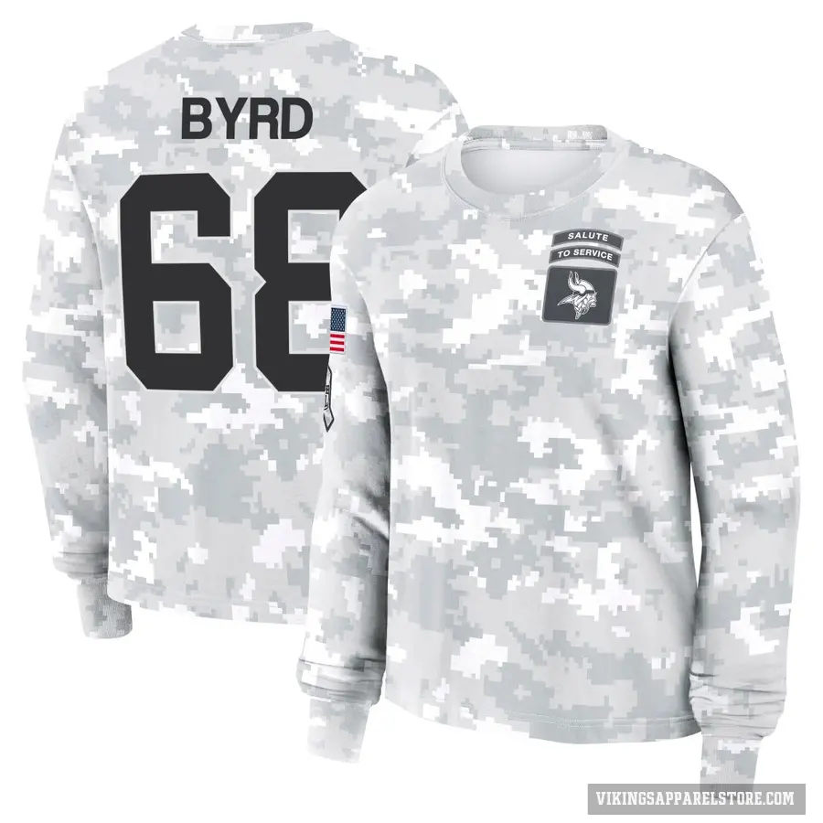 Women's ＃68 Henry Byrd Minnesota Vikings Camo Arctic 2024 Salute to Service Long Sleeve T-Shirt