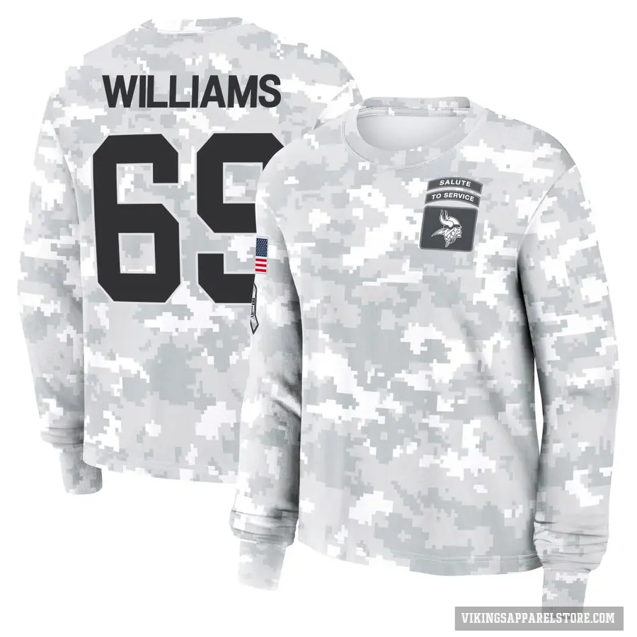 Women's ＃69 Elijah Williams Minnesota Vikings Camo Arctic 2024 Salute to Service Long Sleeve T-Shirt