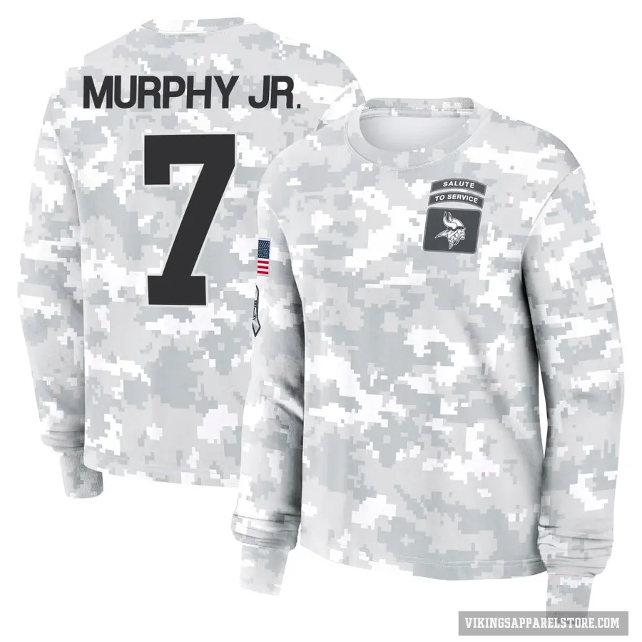 Women's ＃7 Byron Murphy Jr. Minnesota Vikings Camo Arctic 2024 Salute to Service Long Sleeve T-Shirt