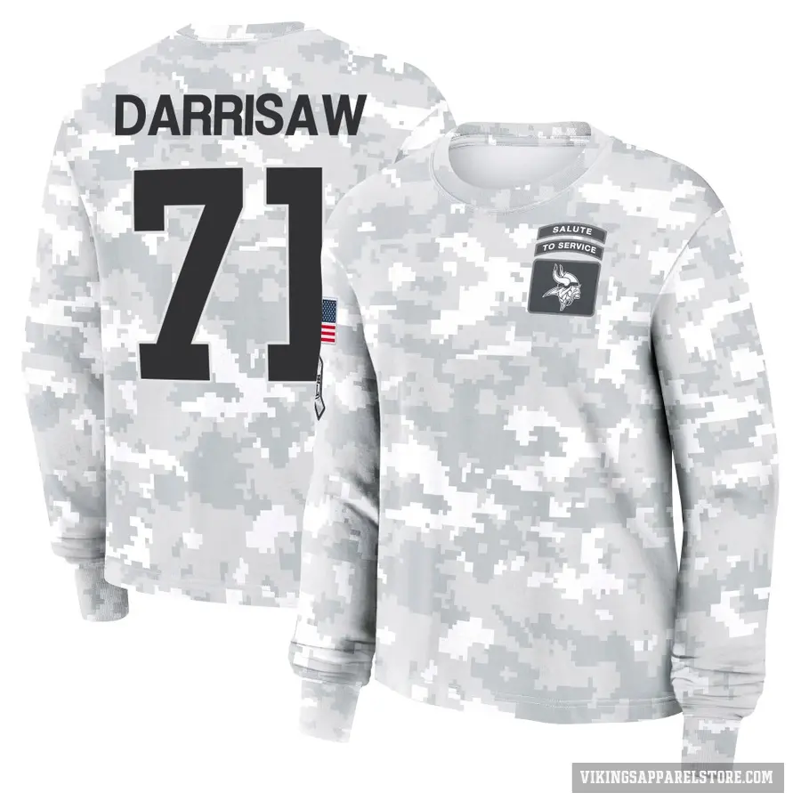 Women's ＃71 Christian Darrisaw Minnesota Vikings Camo Arctic 2024 Salute to Service Long Sleeve T-Shirt
