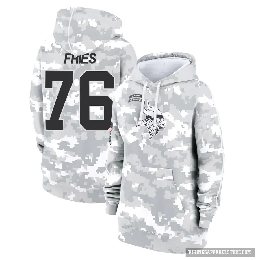 Women's ＃76 Will Fries Minnesota Vikings Arctic Camo 2024 Salute to Service Club Fleece Pullover Hoodie