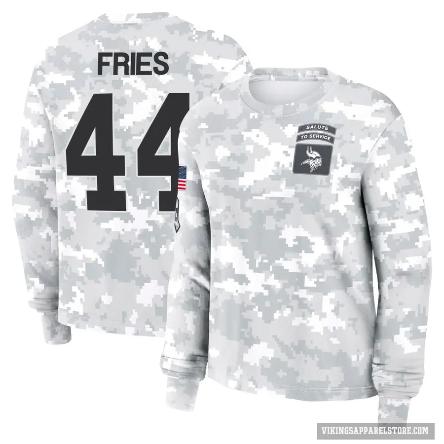 Women's ＃76 Will Fries Minnesota Vikings Camo Arctic 2024 Salute to Service Long Sleeve T-Shirt