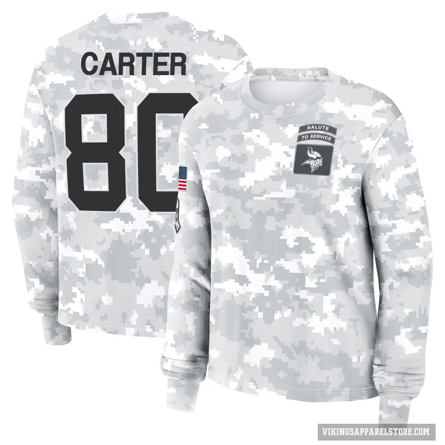 Women's ＃80 Cris Carter Minnesota Vikings Camo Arctic 2024 Salute to Service Long Sleeve T-Shirt