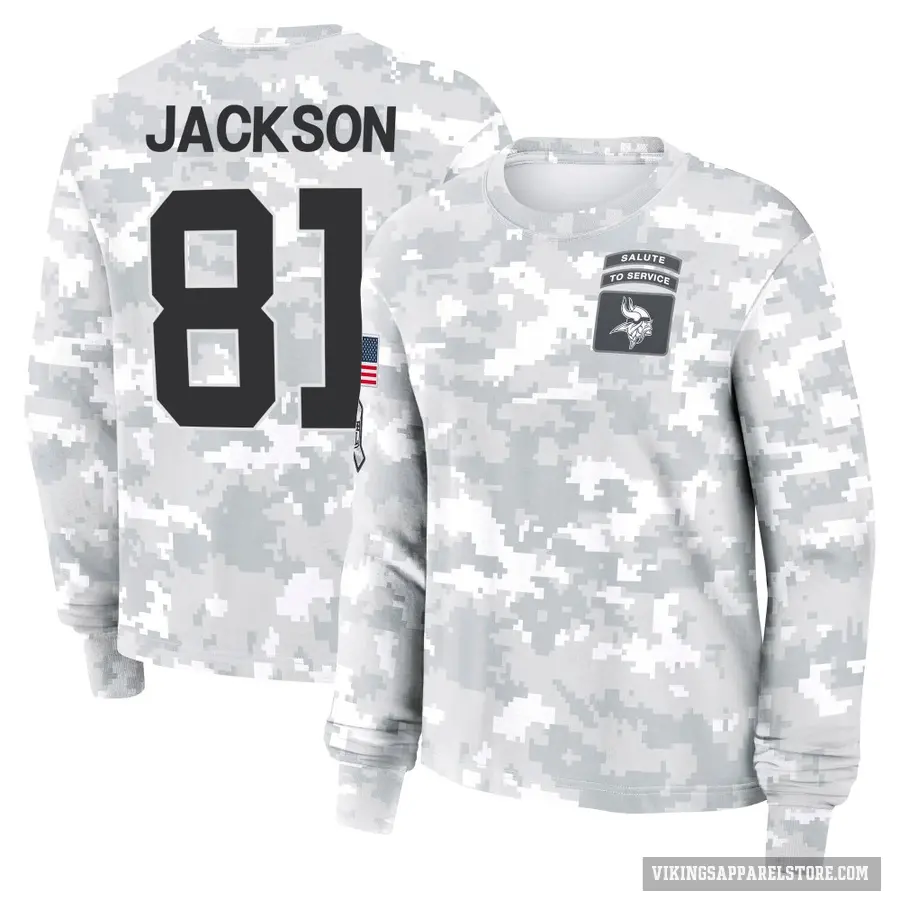 Women's ＃81 Lucky Jackson Minnesota Vikings Camo Arctic 2024 Salute to Service Long Sleeve T-Shirt