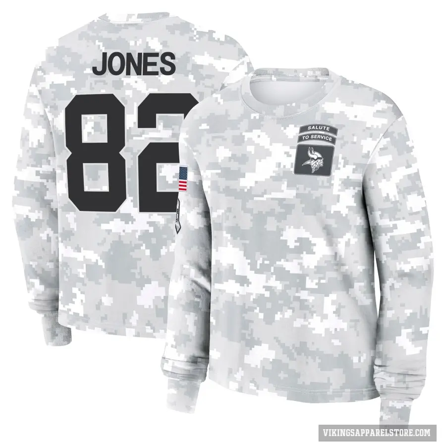 Women's ＃82 Jeshaun Jones Minnesota Vikings Camo Arctic 2024 Salute to Service Long Sleeve T-Shirt