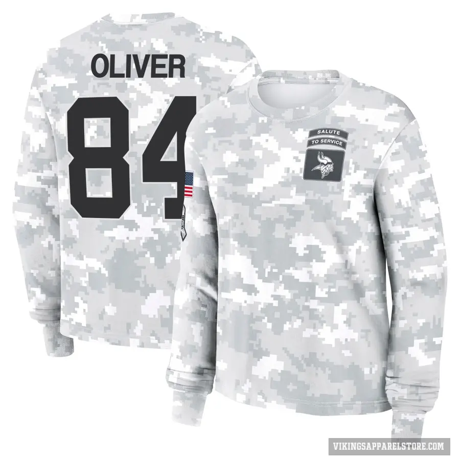 Women's ＃84 Josh Oliver Minnesota Vikings Camo Arctic 2024 Salute to Service Long Sleeve T-Shirt