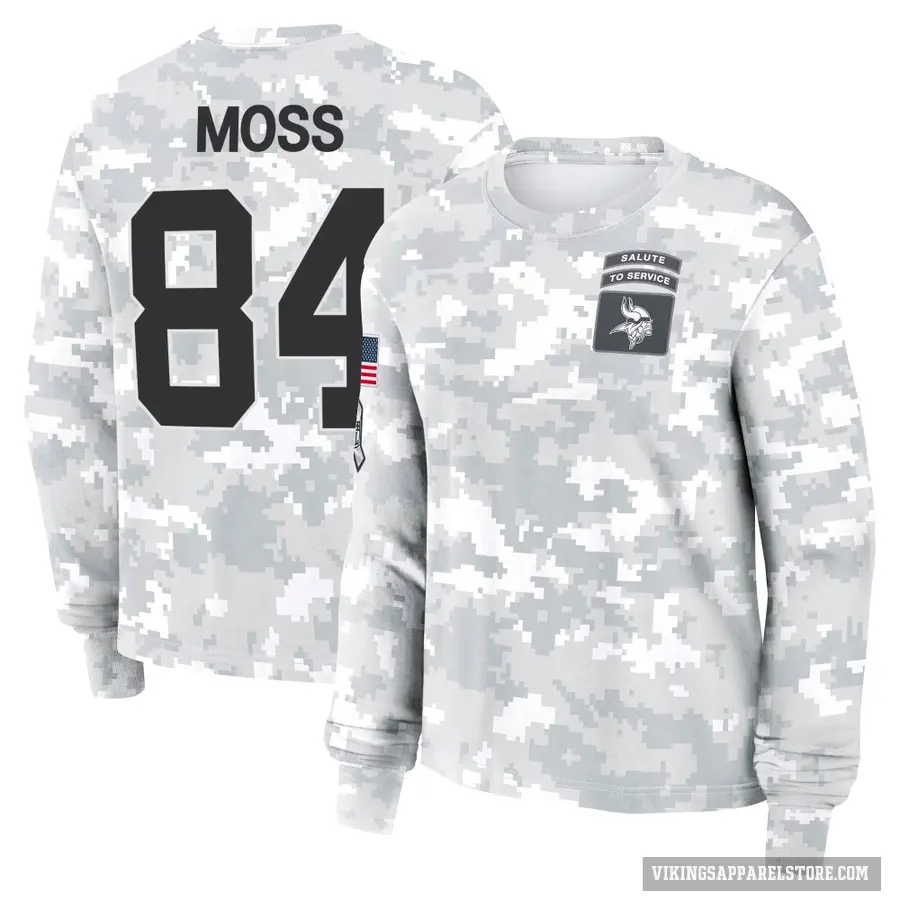 Women's ＃84 Randy Moss Minnesota Vikings Camo Arctic 2024 Salute to Service Long Sleeve T-Shirt