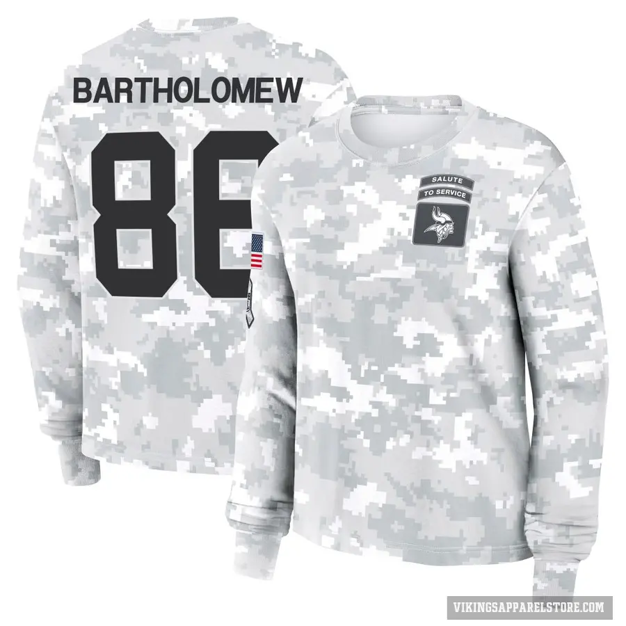 Women's ＃86 Gavin Bartholomew Minnesota Vikings Camo Arctic 2024 Salute to Service Long Sleeve T-Shirt