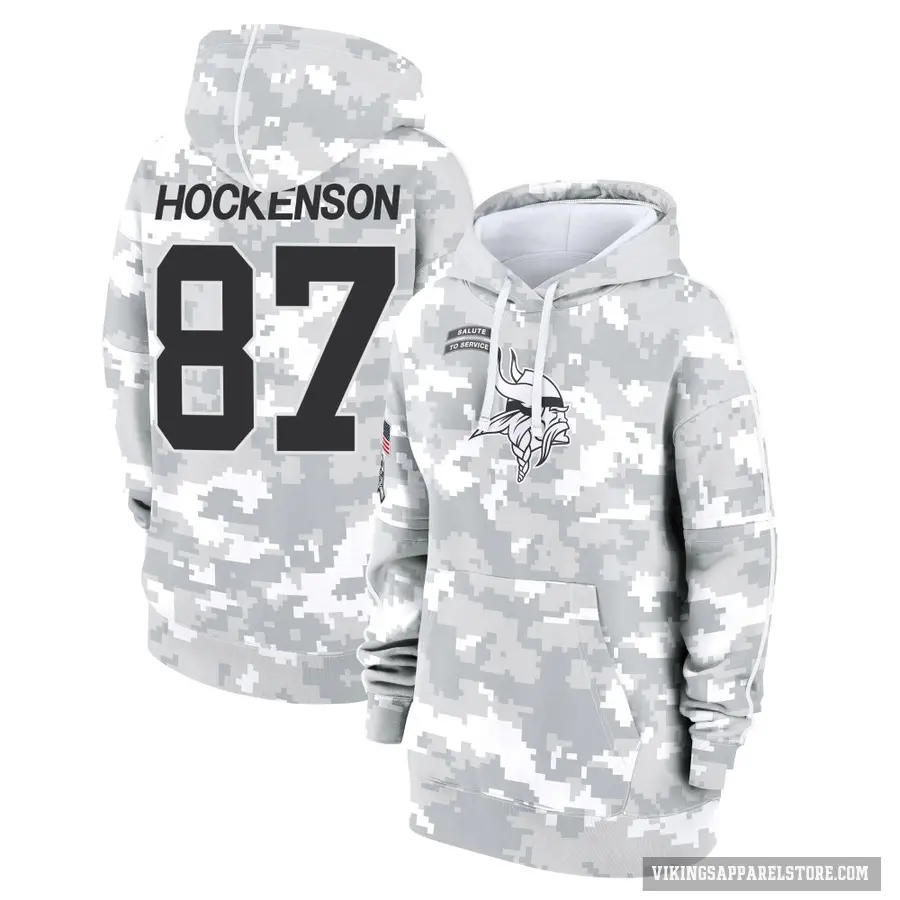 Women's ＃87 T.J. Hockenson Minnesota Vikings Arctic Camo 2024 Salute to Service Club Fleece Pullover Hoodie