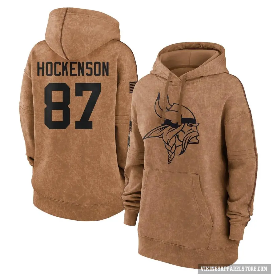 Women's ＃87 T.J. Hockenson Minnesota Vikings Brown 2023 Salute To Service Pullover Hoodie