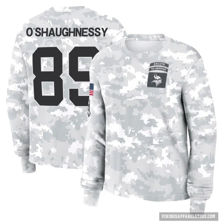 Women's ＃89 James O'Shaughnessy Minnesota Vikings Camo Arctic 2024 Salute to Service Long Sleeve T-Shirt