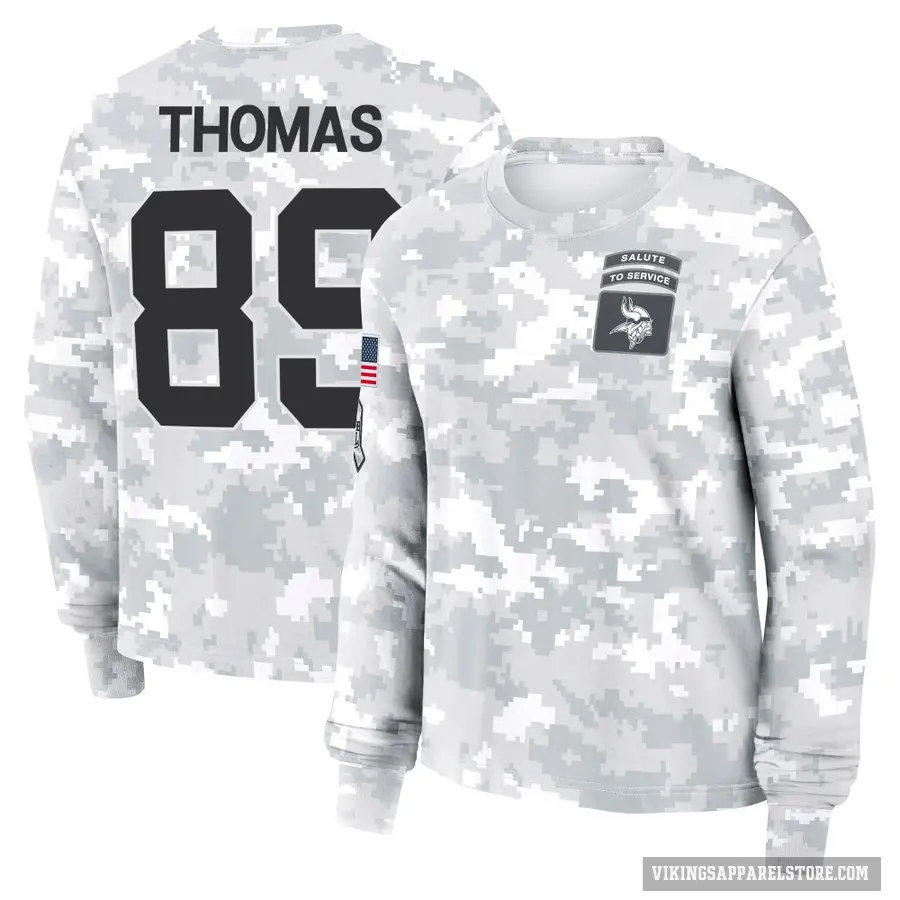 Women's ＃89 Thayer Thomas Minnesota Vikings Camo Arctic 2024 Salute to Service Long Sleeve T-Shirt