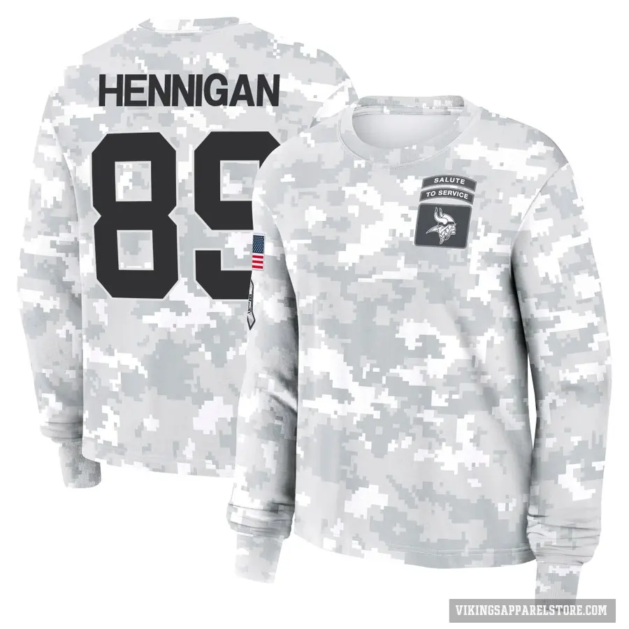 Women's ＃89 Thomas Hennigan Minnesota Vikings Camo Arctic 2024 Salute to Service Long Sleeve T-Shirt